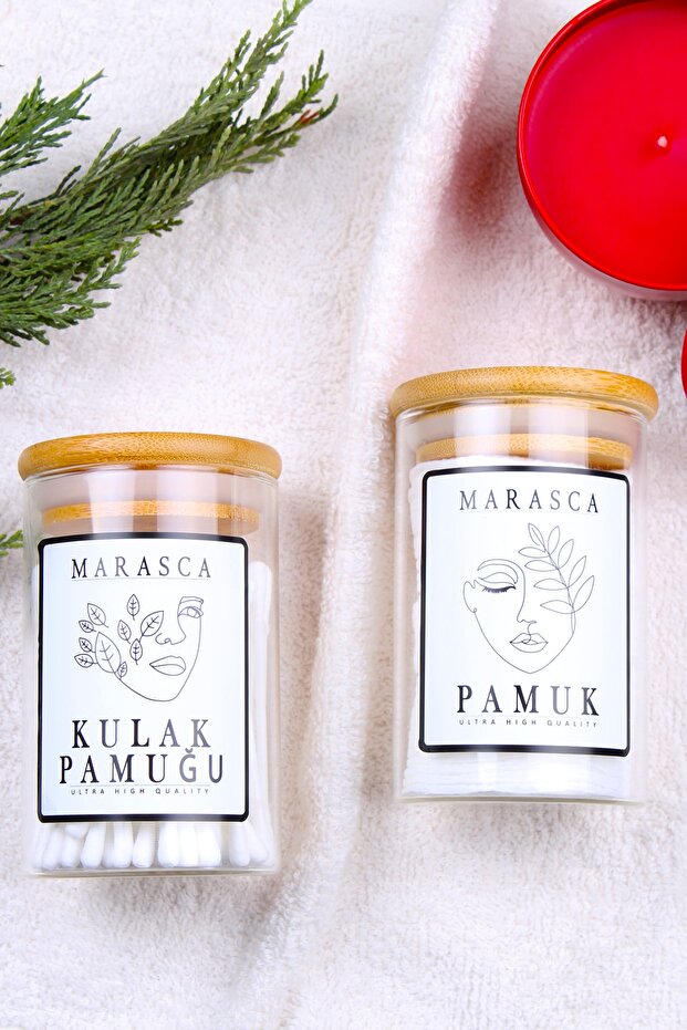 2 Pack Marasca Cotton Bud and Cotton Jar Cotton Jar Glass Jar with Bamboo Lid