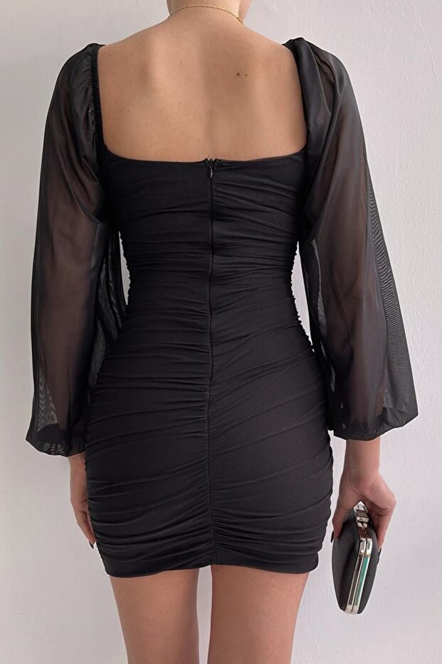 Astarlı Esnek Kumaş Göğüs Dolgulu Siyah Mini Elbise Siyah Nişan Elbisesi 102 - 2