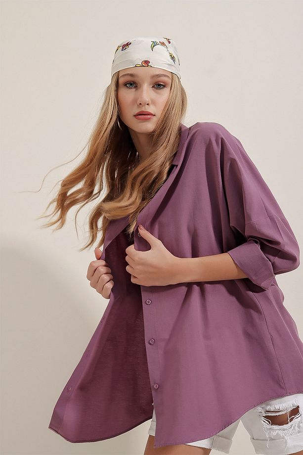 3900 Lila Oversize Uzun Basic Gömlek - 4