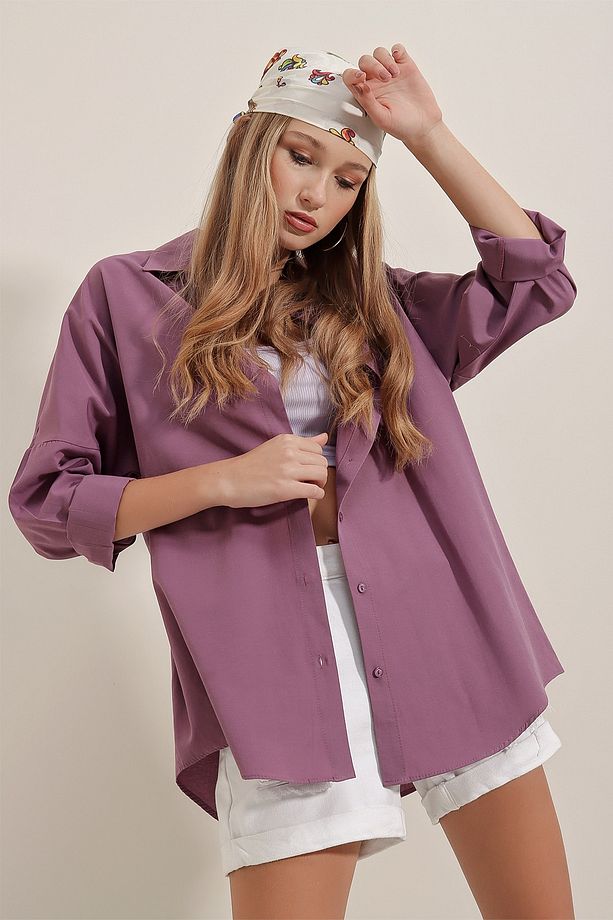 3900 Lila Oversize Uzun Basic Gömlek - 6
