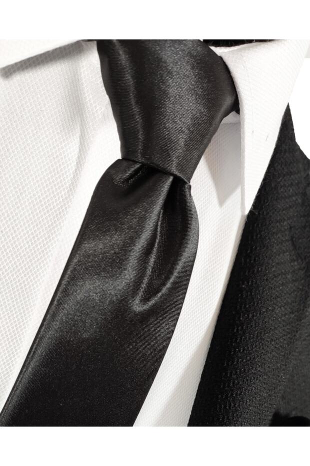 Black Color Satin Tie Handkerchief Set - 1