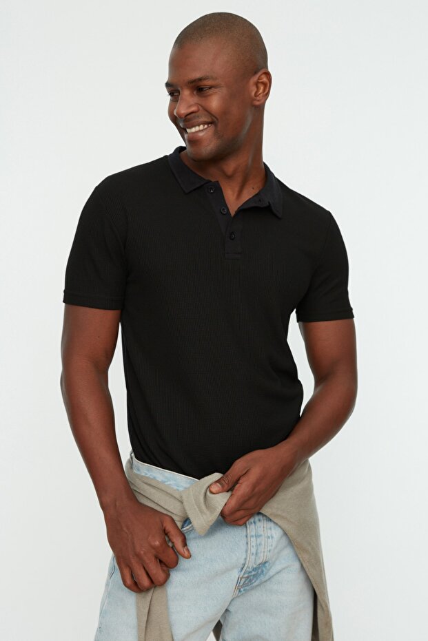 Siyah Slim/Dar Kesim Dokulu Düğmeli %100 Pamuk Polo Yaka T-shirt TMNSS20PO0002 - 2
