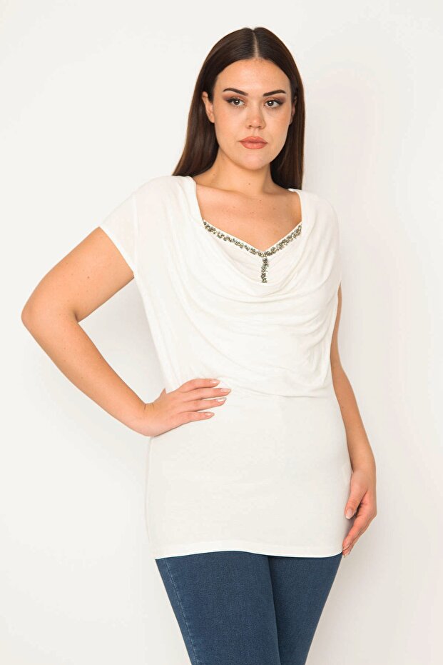 Women's Large Size Bone Stone Detailed Low Collar Blouse 65N37662