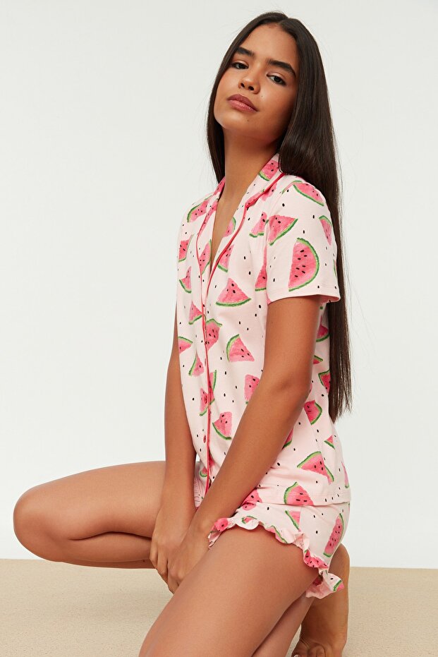 Піжама з рожевої бавовни з кавуновим візерунком та оборками THMSS21PT0670 - 1