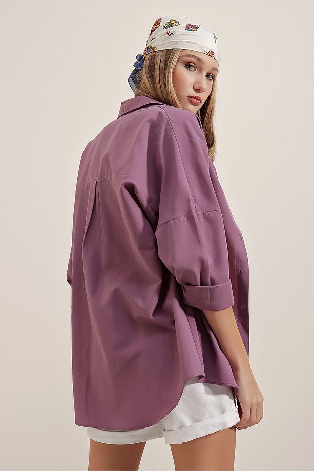 3900 Lila Oversize Uzun Basic Gömlek - 7