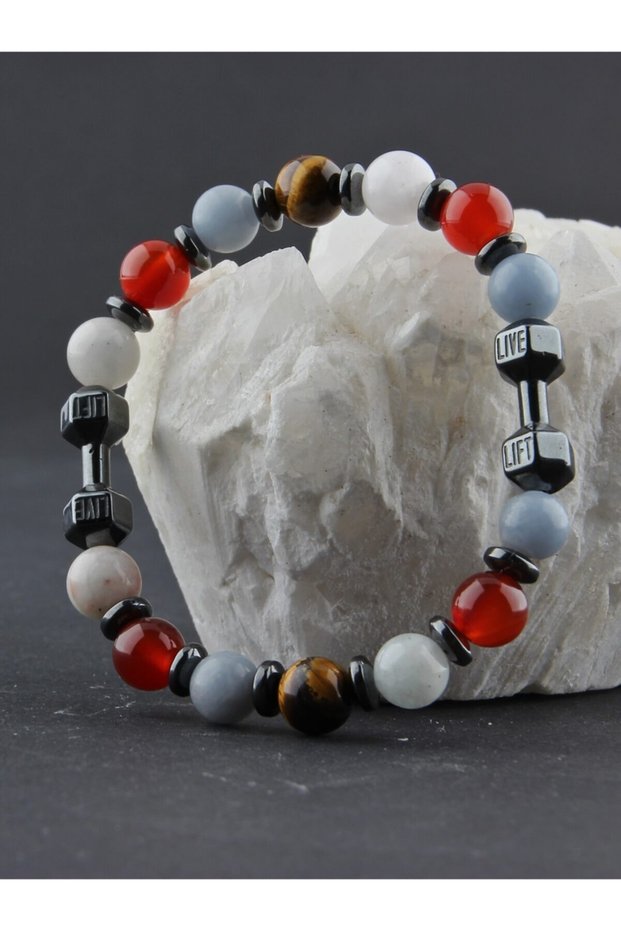 Certified Men's Sports Bracelet Hematite-Angelite-Havlit-Akik-Akuamarin-Tiger Eye-8 mm