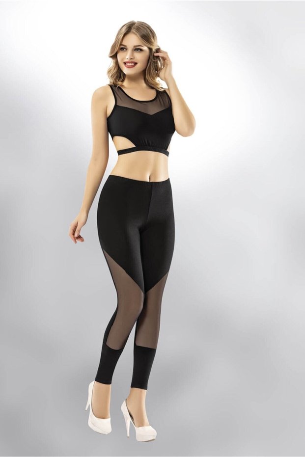 Women's Black See-Through Sports Combed Cotton High Waist Leggings Victroy4071