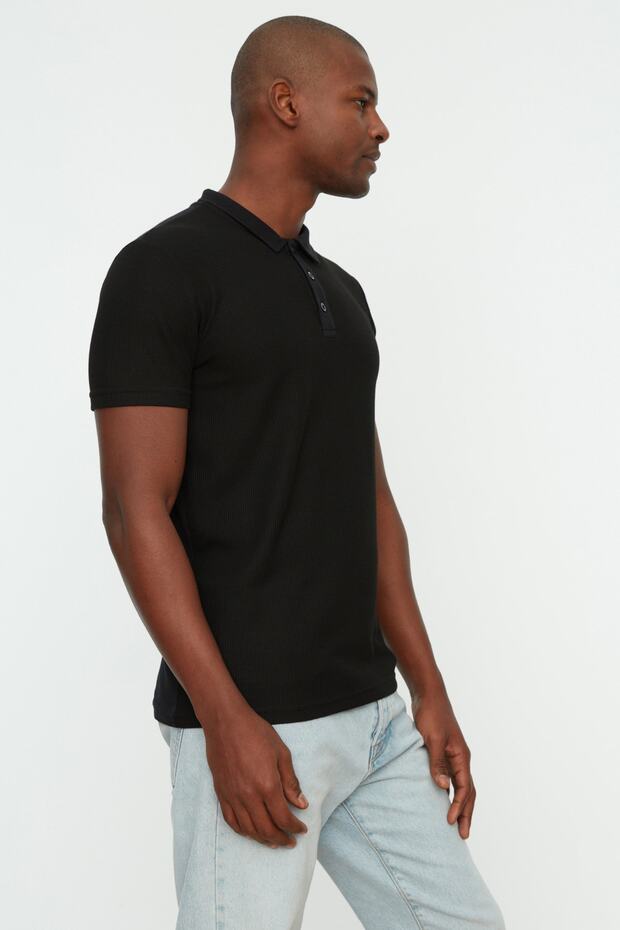 Siyah Slim/Dar Kesim Dokulu Düğmeli %100 Pamuk Polo Yaka T-shirt TMNSS20PO0002 - 3