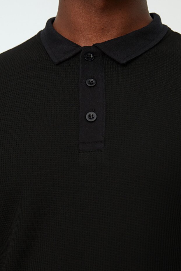 Siyah Slim/Dar Kesim Dokulu Düğmeli %100 Pamuk Polo Yaka T-shirt TMNSS20PO0002 - 4