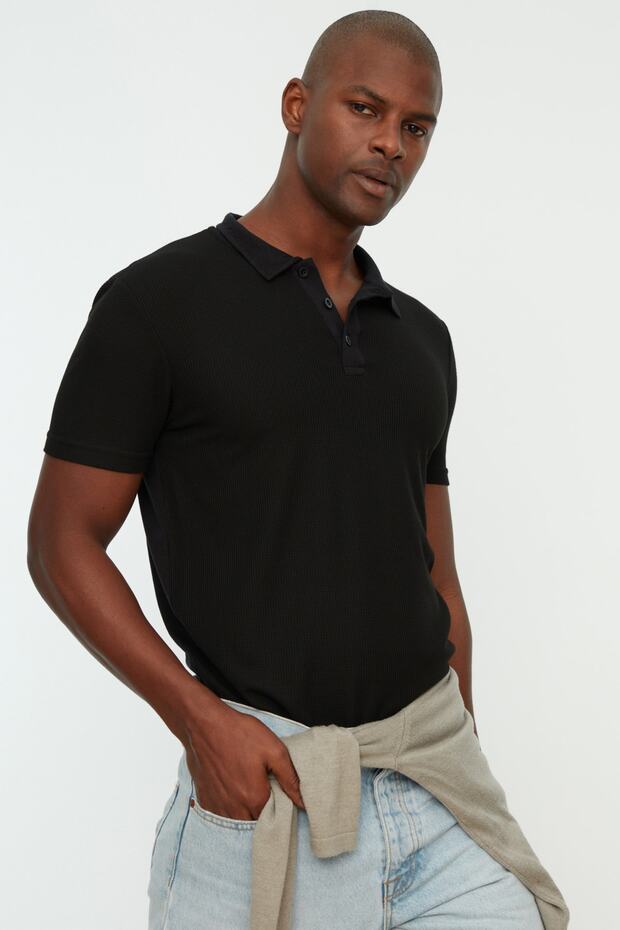 Siyah Slim/Dar Kesim Dokulu Düğmeli %100 Pamuk Polo Yaka T-shirt TMNSS20PO0002 - 8