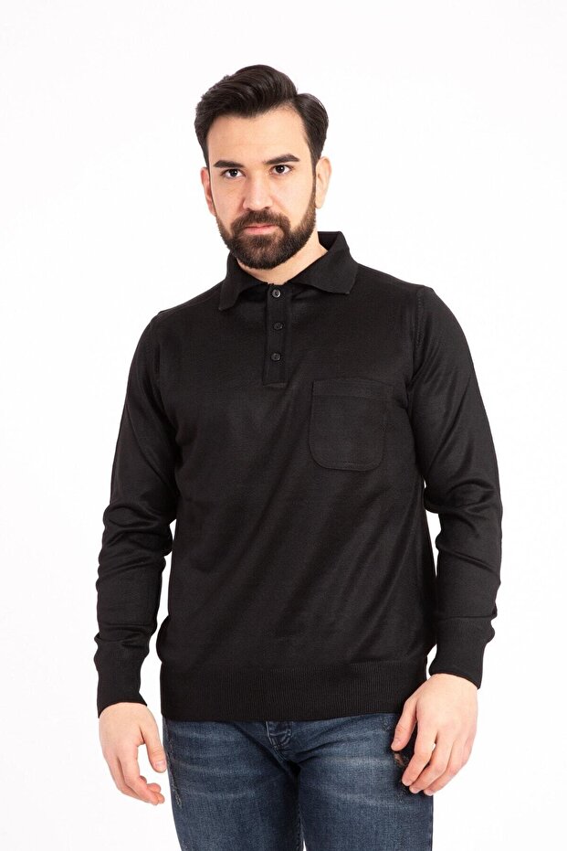 Men's Black Thin Wool Knit Polo Collar Sweater