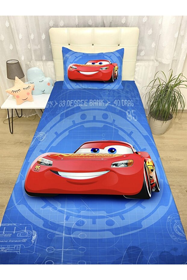 مفرش سرير ووسادة بنمط سيارة حمراء - 1