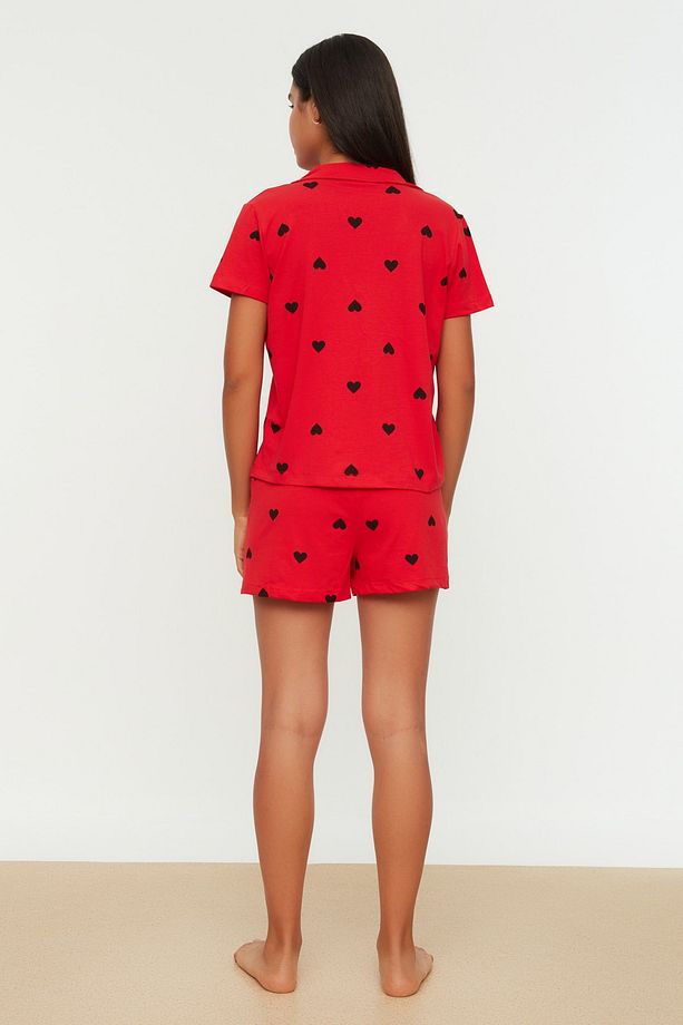 Kırmızı %100 Pamuklu Kalpli Şortlu Örme Pijama Takımı THMSS21PT0756 - 5