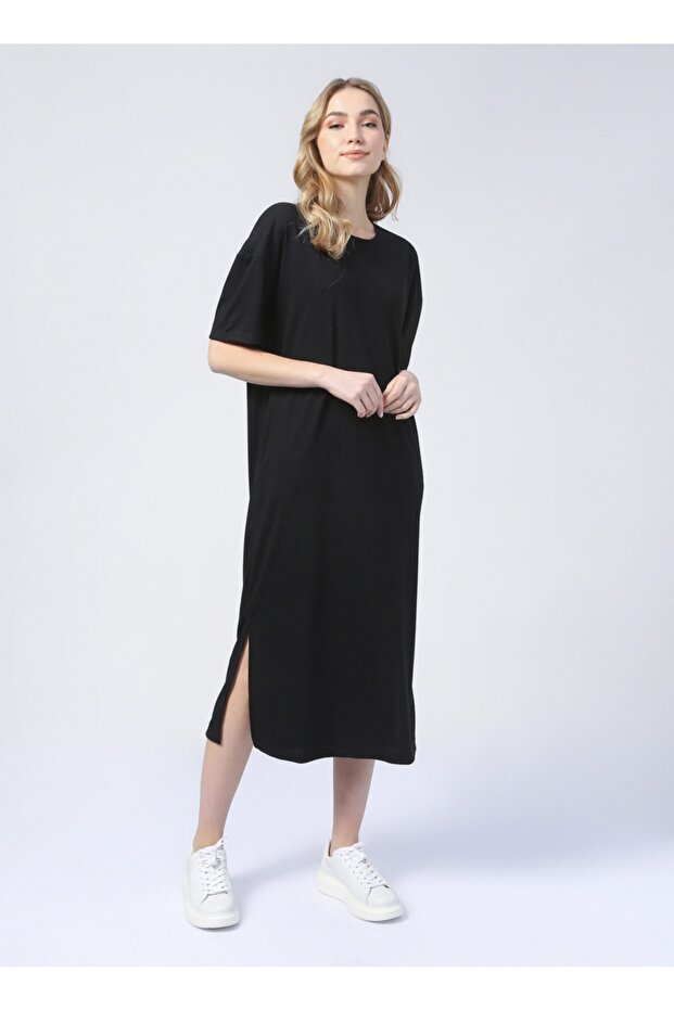 Siyah Kadın Bisiklet Yaka Basic Elbise K-CORIN - 4
