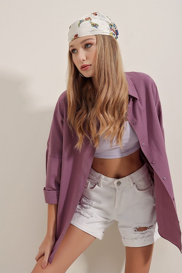 3900 Lila Oversize Uzun Basic Gömlek - 3