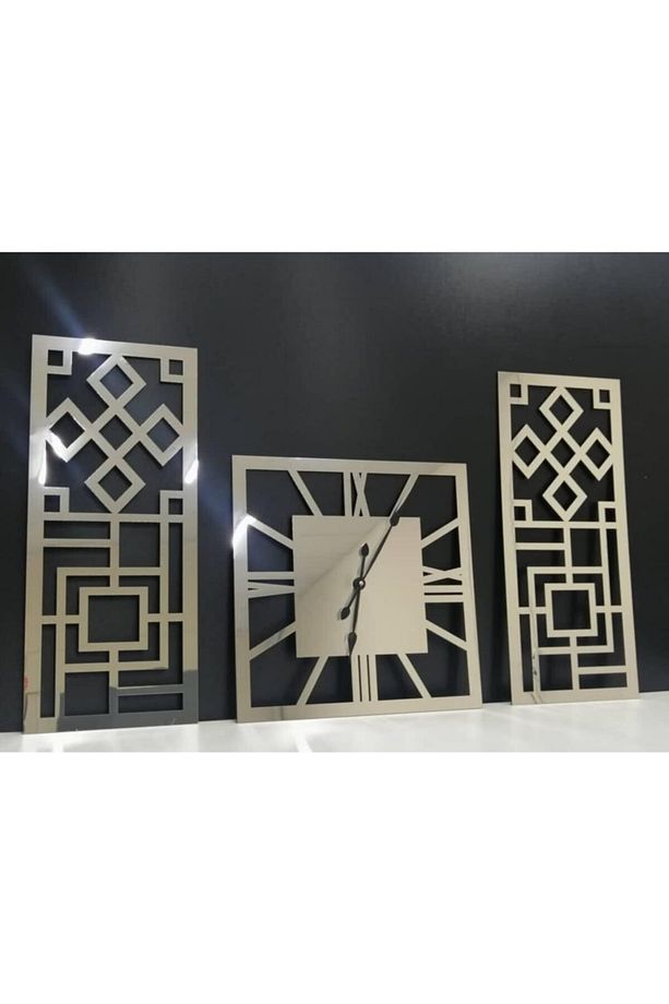 50 Cm Kare Duvar Saati Ve 2'li Yan Dekorlu Set - 1