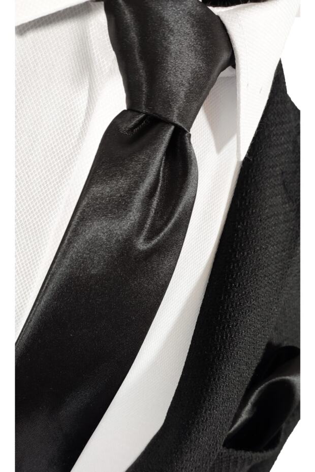 Black Color Satin Tie Handkerchief Set - 3
