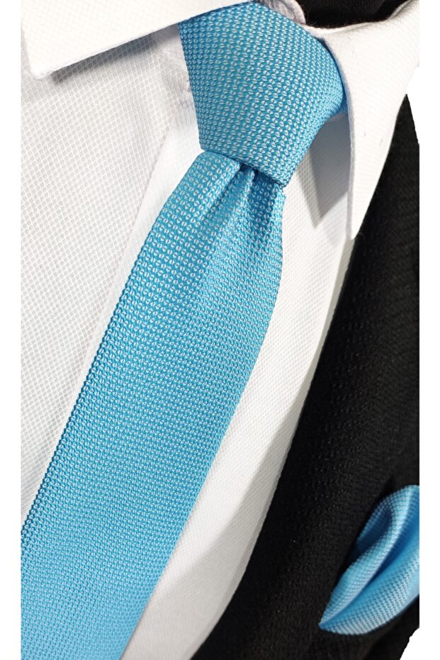 Turkuaz Mavi Armürlü Kravat Mendil Seti - 3