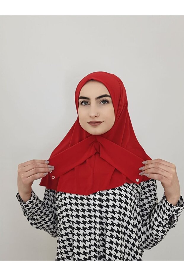 وشاح جاهز مزود بمشبك وشال Hijap باللون الأحمر