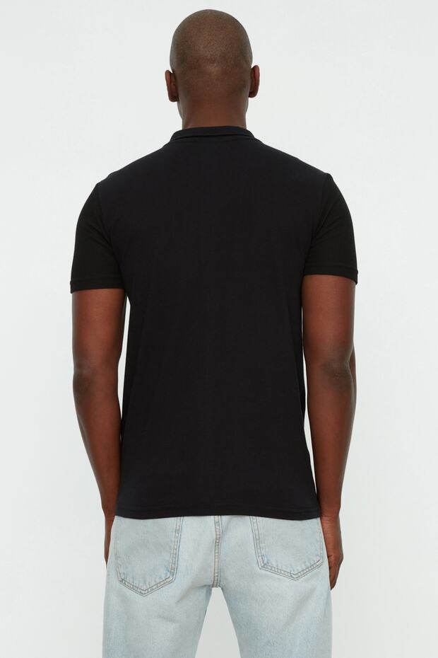 Siyah Slim/Dar Kesim Dokulu Düğmeli %100 Pamuk Polo Yaka T-shirt TMNSS20PO0002 - 5