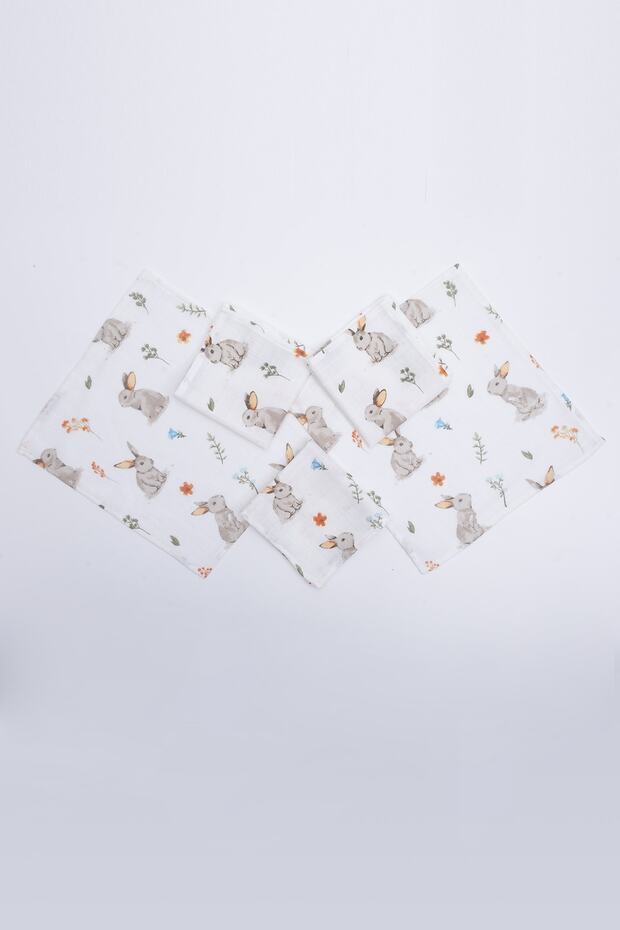 100% Cotton Muslin Fabric Set of 5 Mouth Wipes 28x28 Cm Rabbit Pattern