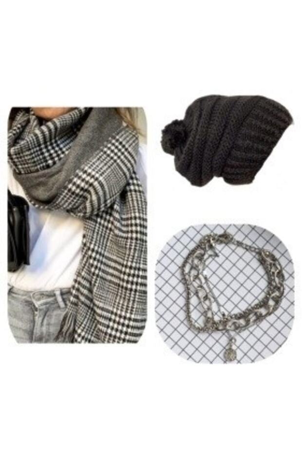 Gray Double Pattern Scarf & Beret & Multiple Bracelet Set - Valentine's Day Gift - Plaid Shawl