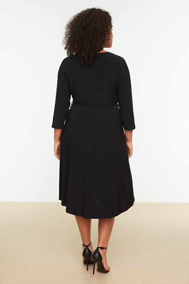 Черна рокля с колан, А-линия, плетена, голям размер TBBSS22AH0176 - 6