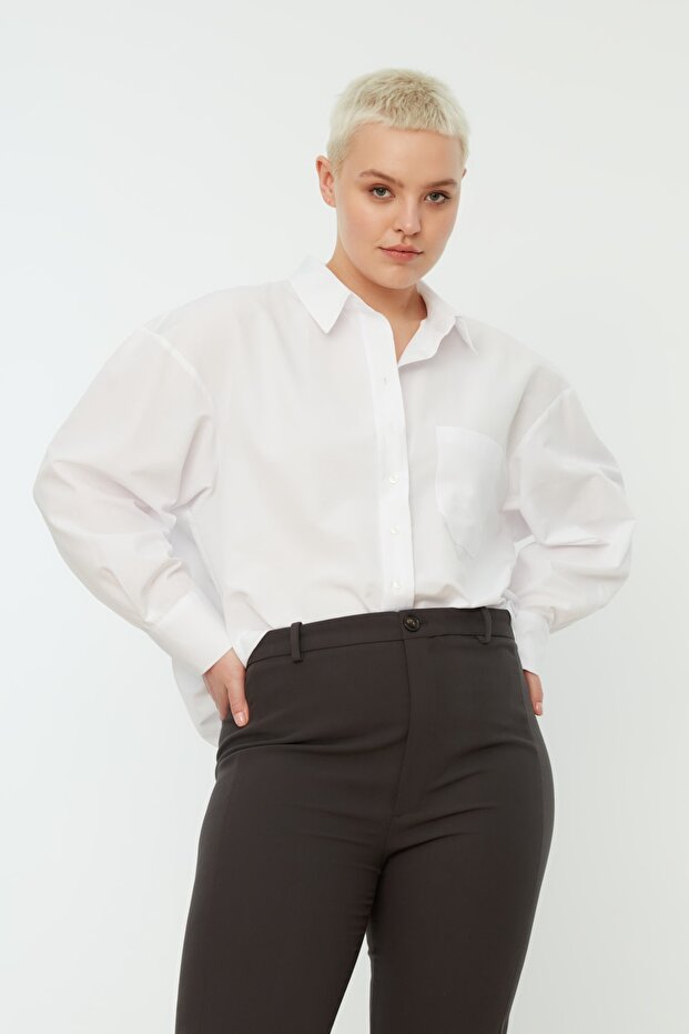 Fehér, laza szabású pamut hosszú ujjú, nagy méretű szőtt ing TBBSS22GO0323 - 8