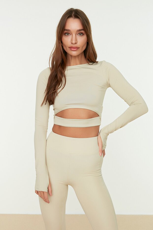 Taş Crop Pencere/Cut Out ve Baş Parmak Delik Detaylı Örme Spor Üst/Bluz TWOAW21BZ0156 - 1