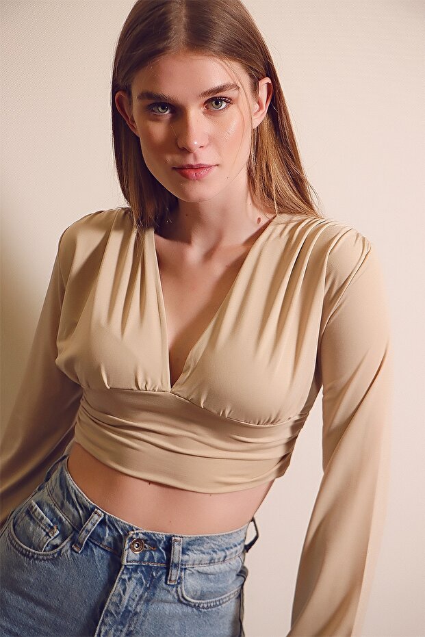 Women's Beige V-neck Front and Waist Gathered Sandy Crop Blouse ALC-X7745