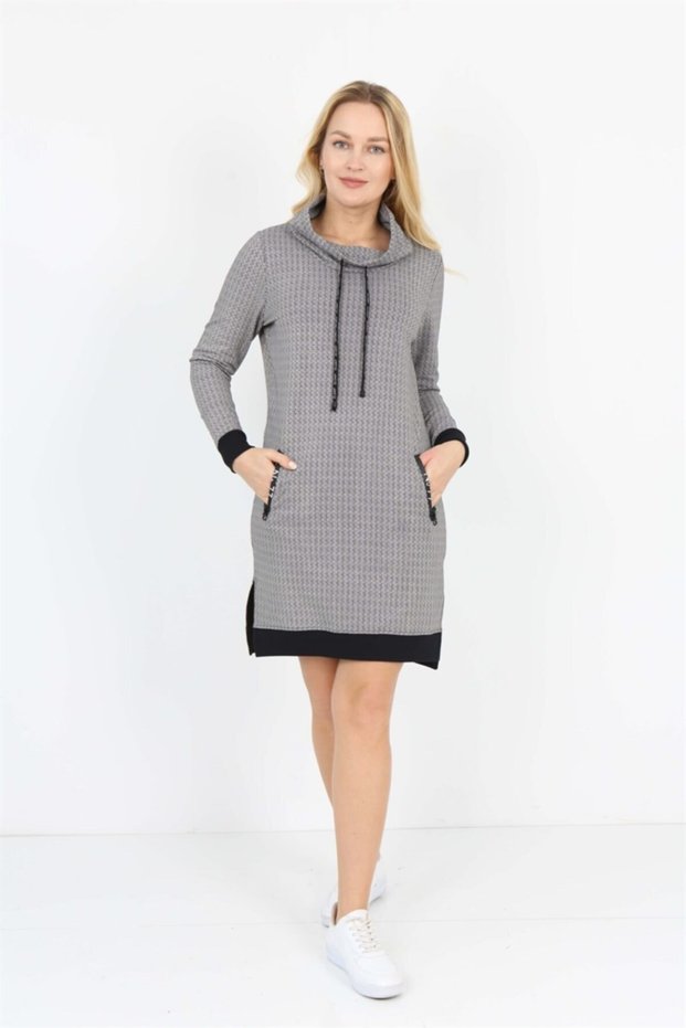 Black Patterned Long Sleeve High Collar Zipper Pocket Detailed Sports Dress Tunic