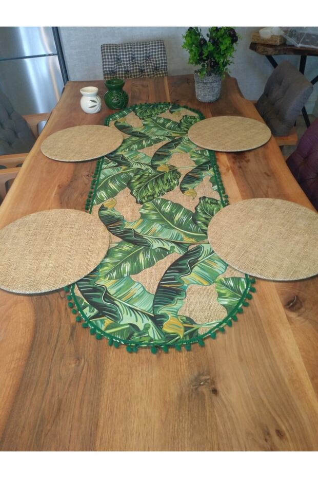 Placemat Set Banana Leaf Patterned Green Pompom Oval Runner 4 Sacks (Straw) Patterned Tableware - 2