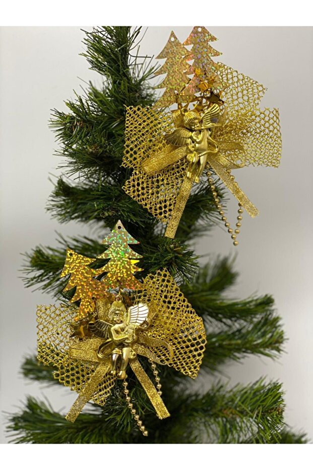 New Year's New Year's Special Pine Tree Tableware Decor Presentation Large Gold Glitter Angel Ornament Set of 2