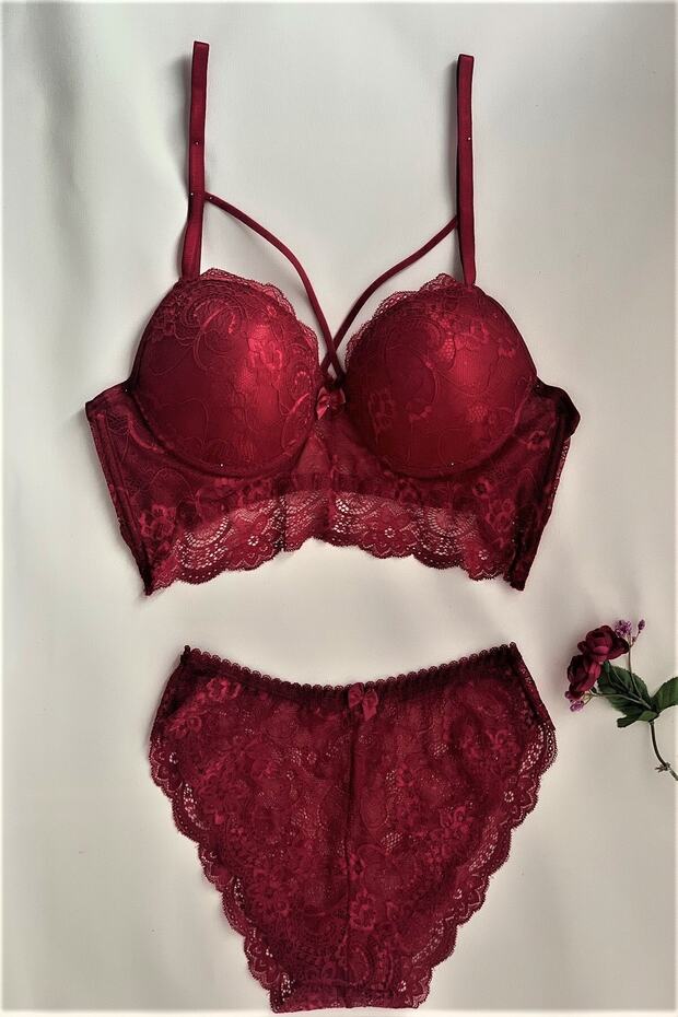 Women's Burgundy Lace Padded Bralette Bra Set
