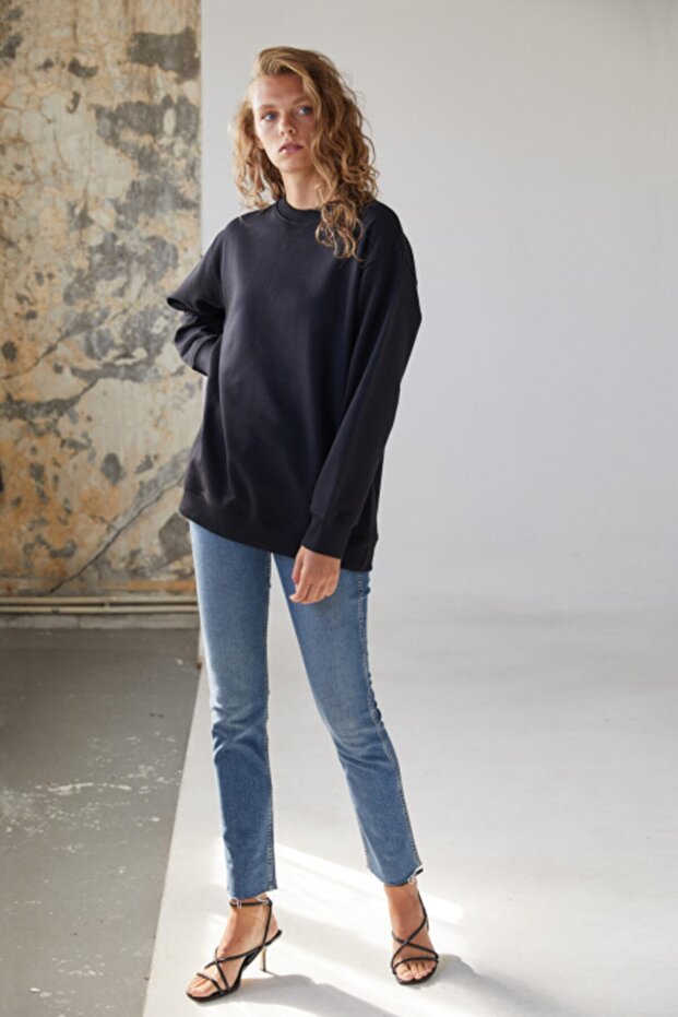 Kadın Siyah Pamuklu Sweatshirt - 5
