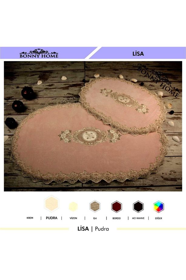 Pudra Lisa 2li Oval Çeyizlik Fransız Dantelli Aplikli Klozet Takımı Banyo Paspas Seti - 2