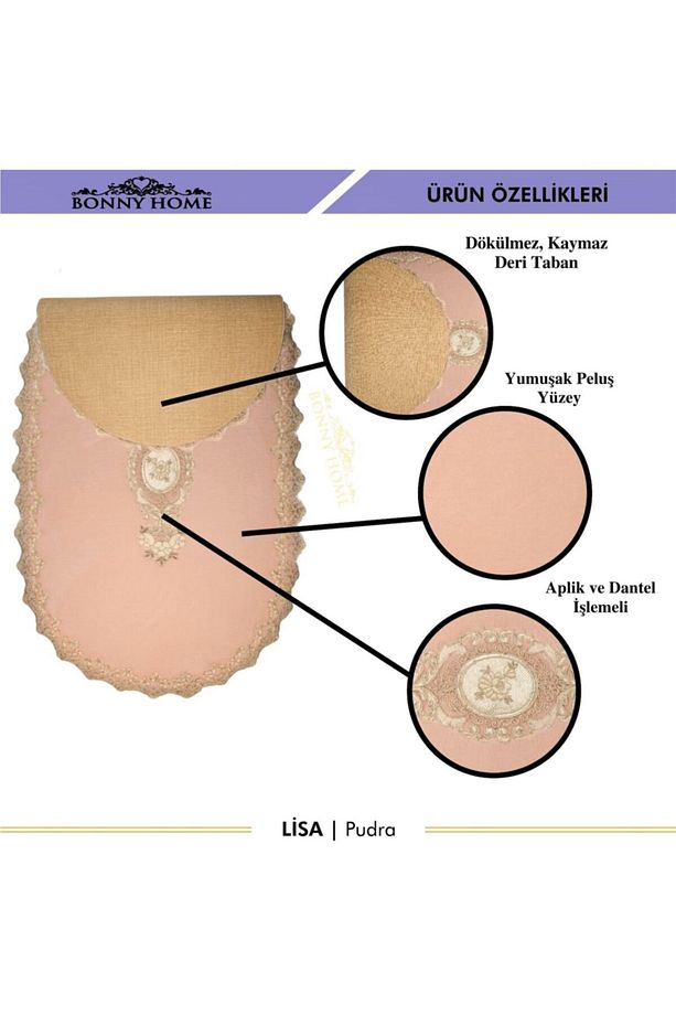 Pudra Lisa 2li Oval Çeyizlik Fransız Dantelli Aplikli Klozet Takımı Banyo Paspas Seti - 3