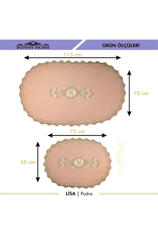 Pudra Lisa 2li Oval Çeyizlik Fransız Dantelli Aplikli Klozet Takımı Banyo Paspas Seti - 4
