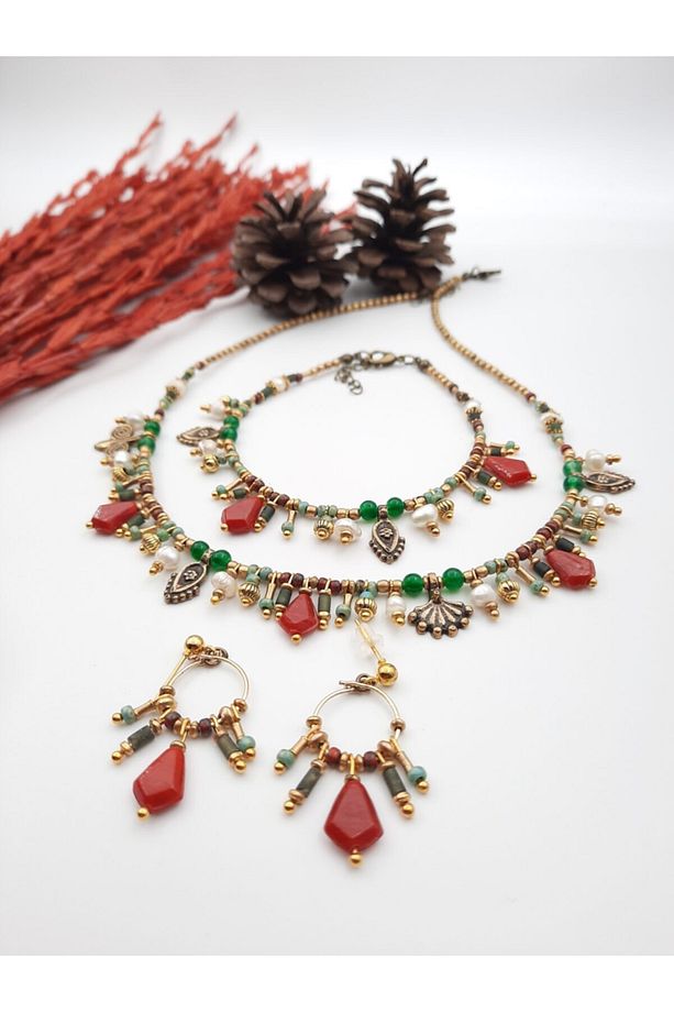 El Yapımı Doğal Taşlardan Kolye Küpe Halhal Set - 1