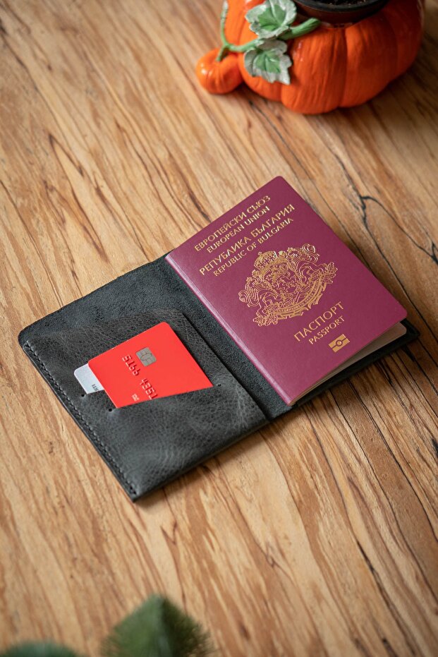 Minimal X Passport Cover Card Holder - Anthracite - Genuine Leather & Handmade