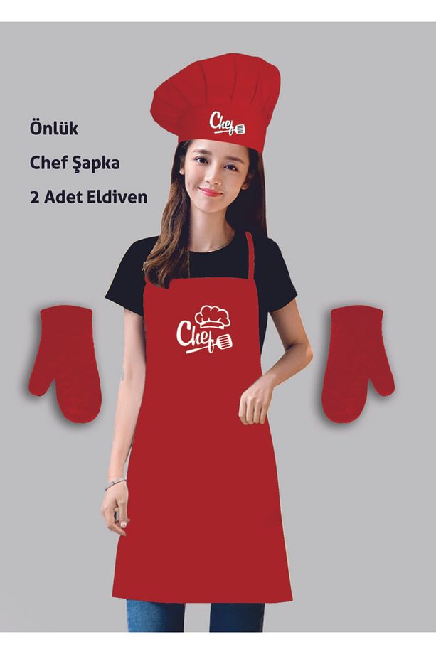 Kırmızı Mutfak Masterchef Önlük Seti ( Önlük+chef Şapka+2 Adet Eldiven ) - 2