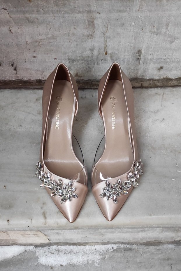 Skin Satin 7cm Heeled Side Transparent Star Accessory Stiletto Evening Dress Women's Shoes