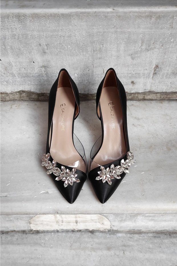Black Satin 7cm Heeled Stiletto Evening Dress Women's Shoes with Side Transparent Star Accessory