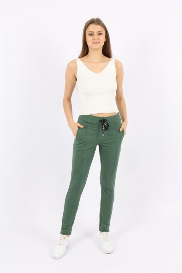 Women's Dark Green Patterned Front Seam Pocketed Sports Trousers Bmsp-002 D.Green
