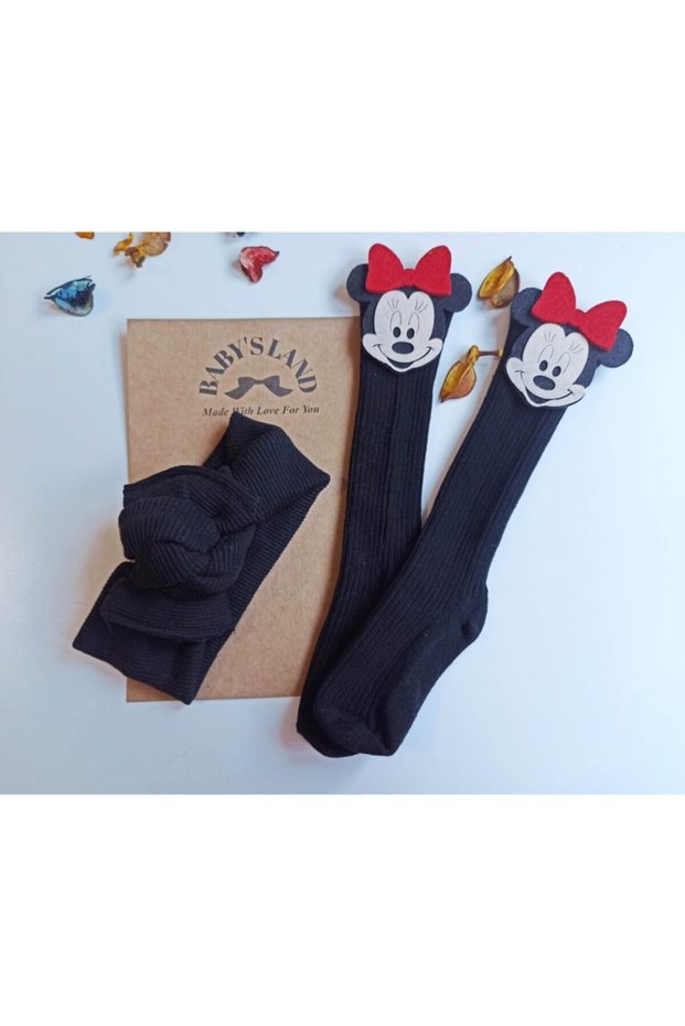 Baby Girl/socks Black Ribbed Bandana And Red Mickey Black Socks Set Mickey Mouse