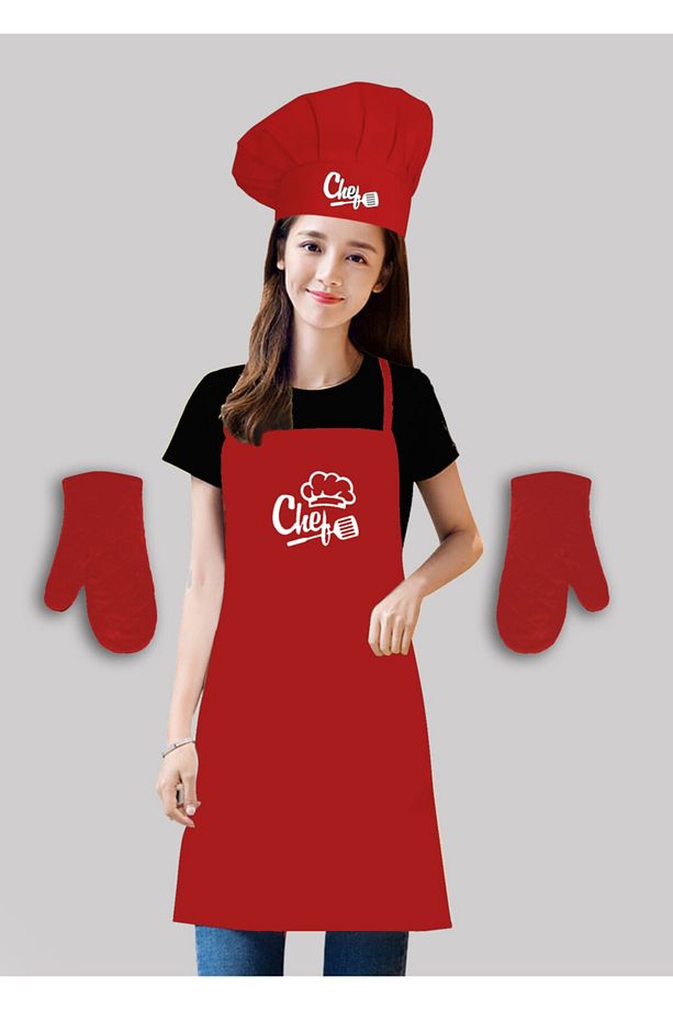 Kırmızı Mutfak Masterchef Önlük Seti ( Önlük+chef Şapka+2 Adet Eldiven ) - 1