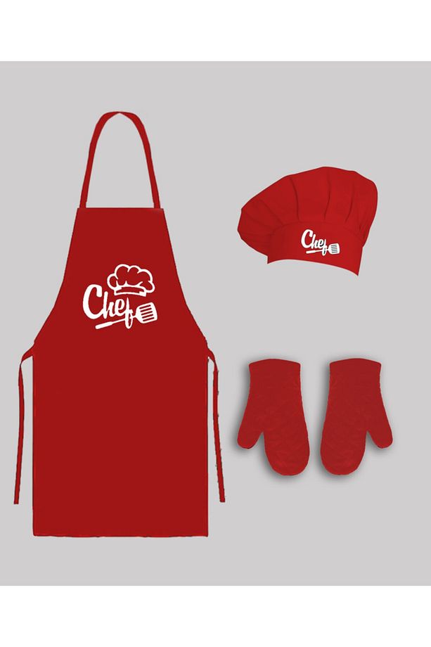 Kırmızı Mutfak Masterchef Önlük Seti ( Önlük+chef Şapka+2 Adet Eldiven ) - 3