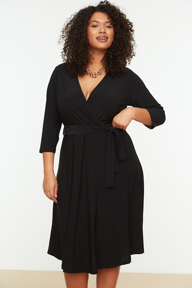 Черна рокля с колан, А-линия, плетена, голям размер TBBSS22AH0176 - 4