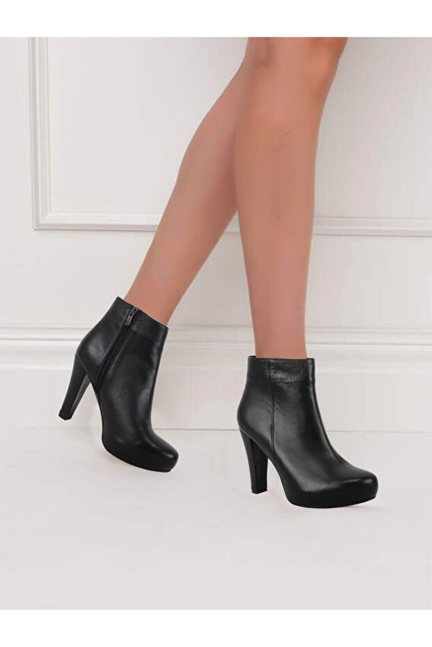 Women's Genuine Black Leather Zippered Inside Hidden Platform Boots 10022