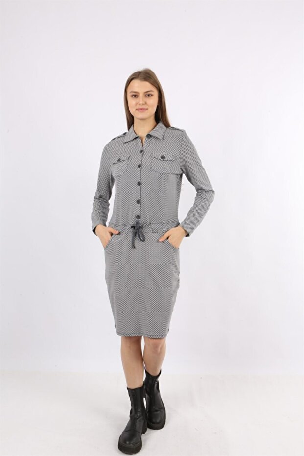 Navy Blue Patterned Short Sleeve Buttoned Pocket Detailed Dress